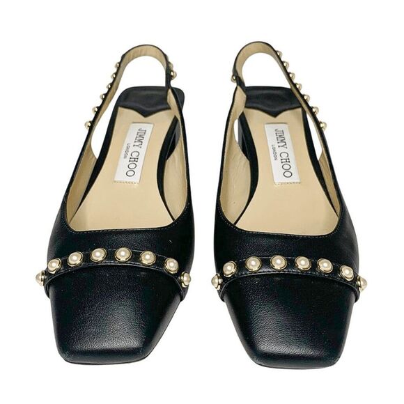 Jimmy Choo Hya 45 Pearl Stud Slingback Pump Black Leather Block Heel Size 37 - Picture 2 of 11